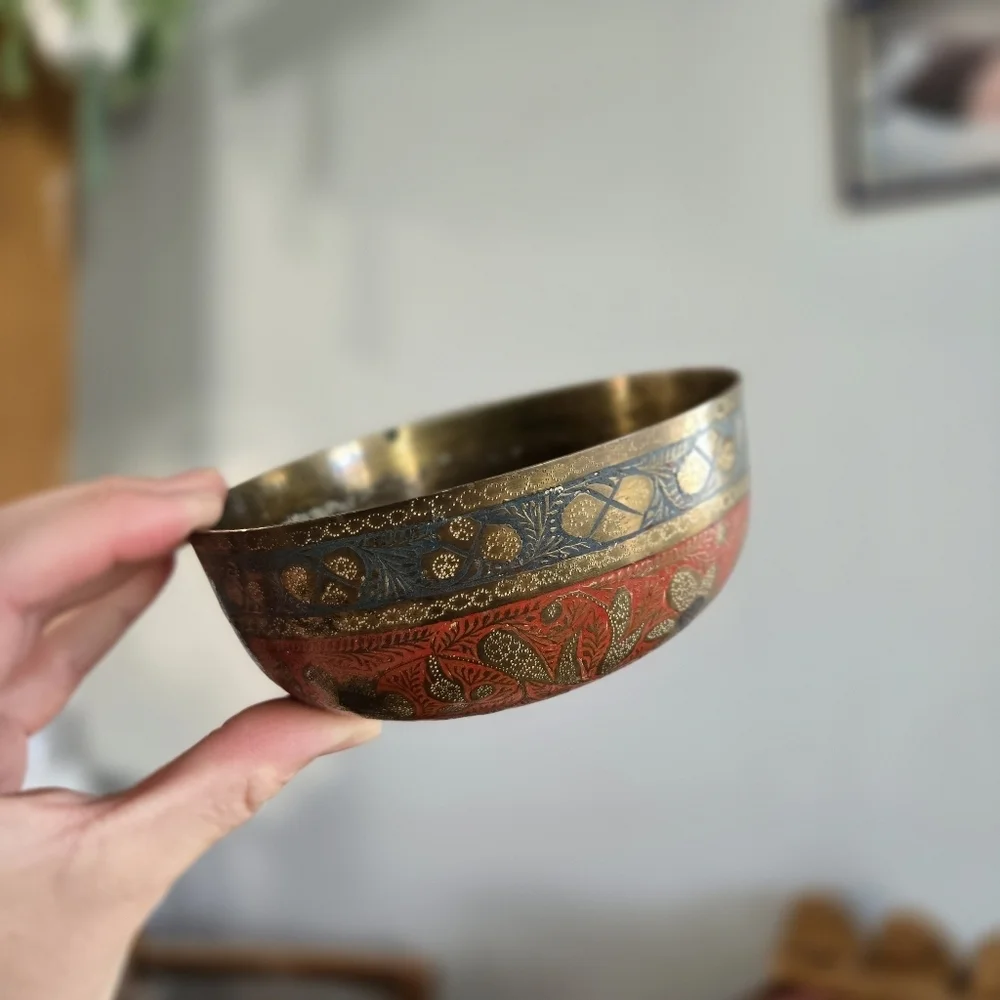 Etched Brass Floral Vintage Patina Bowl Dish Red Blue